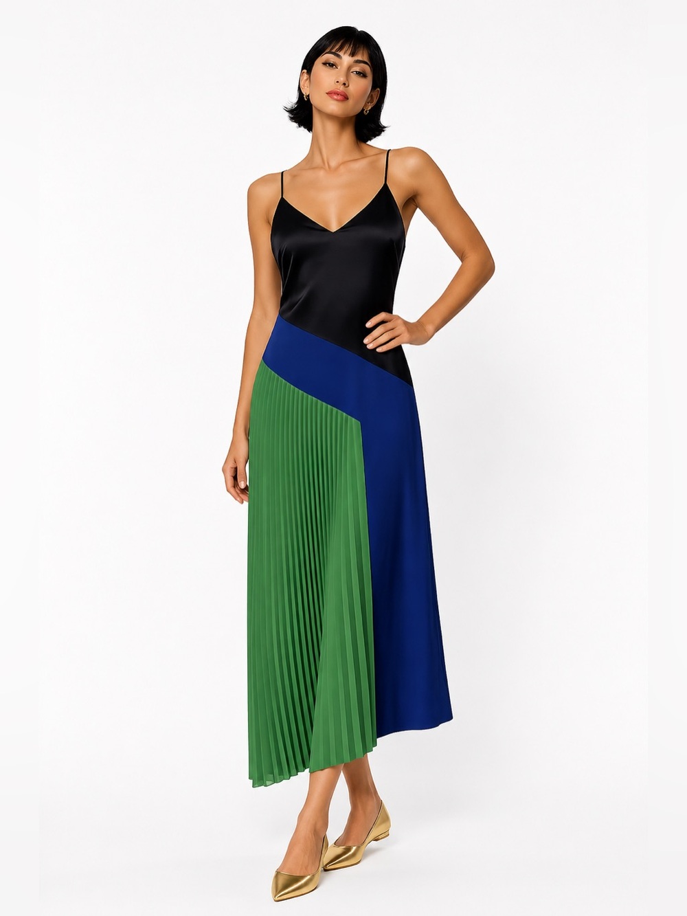 NWT Cushne for Target Colorblock Satin Slip Dress with Pleated Green Panel- 2